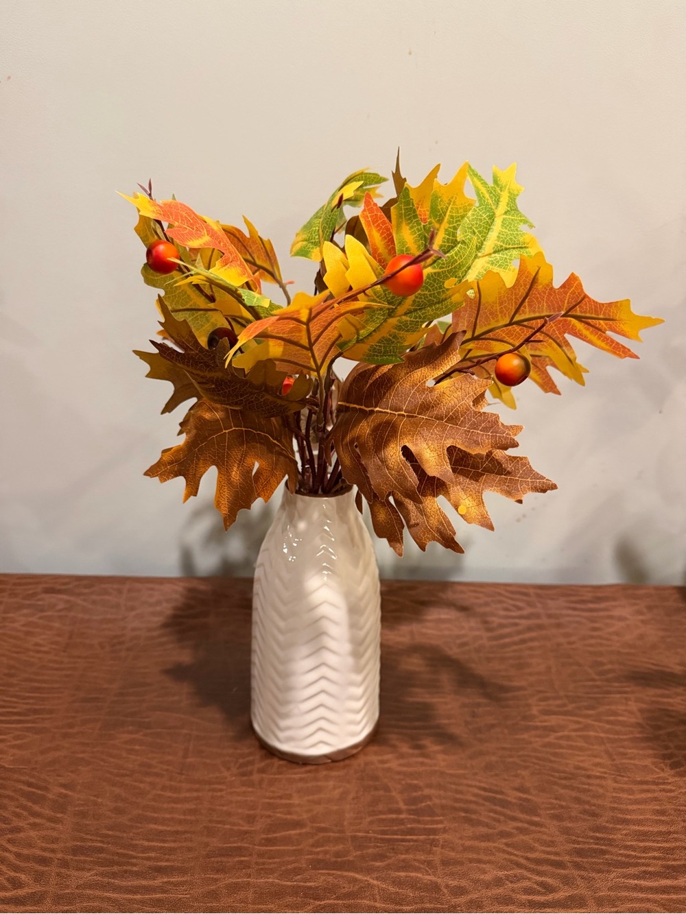 Autumn Faux Leaf Bouquet in Chevron Ceramic Vase NWT